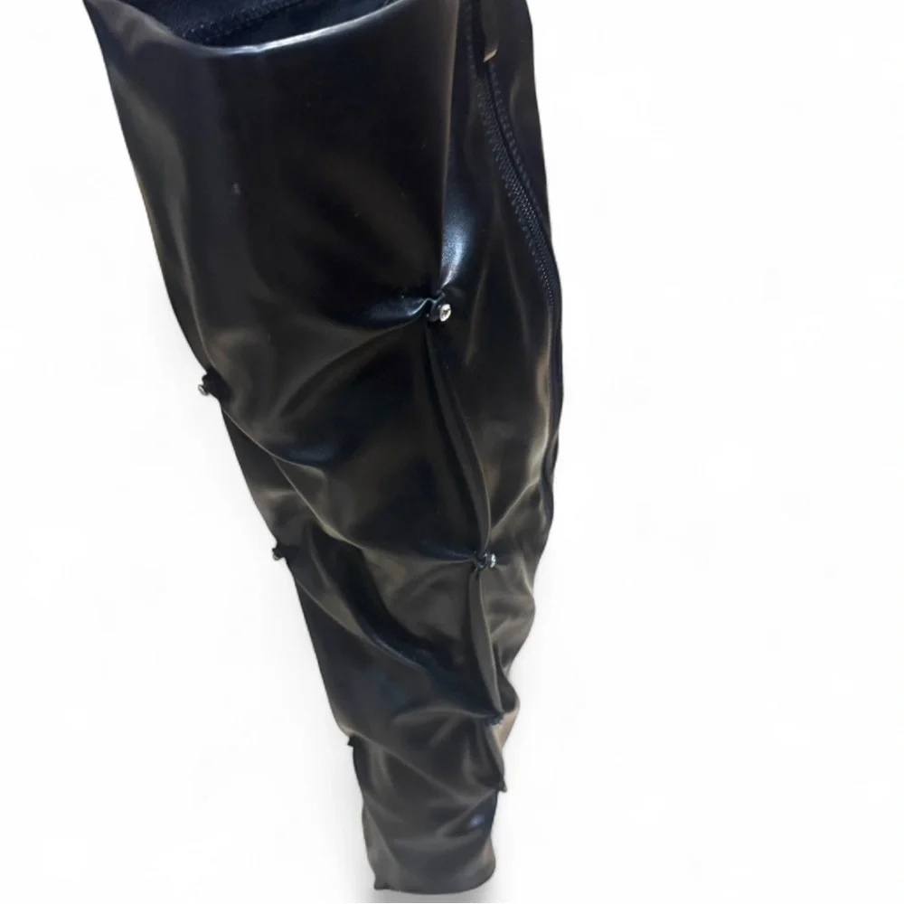 Cider | Women's Black & Rhinestone Knee-High Ruched Stiletto Boots | 10